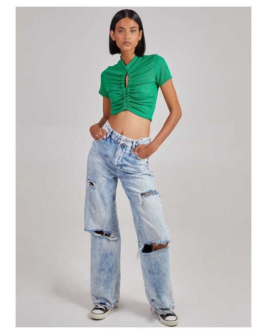 Pink Vanilla Green Short Sleeve Gathered Keyhole Ribbed Top