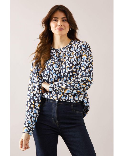 Wallis Blue Animal Gathered Neck Blouse