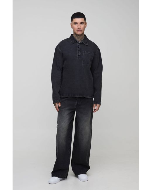BoohooMAN Blue Tall Oversized Denim Rugby Shirt for men