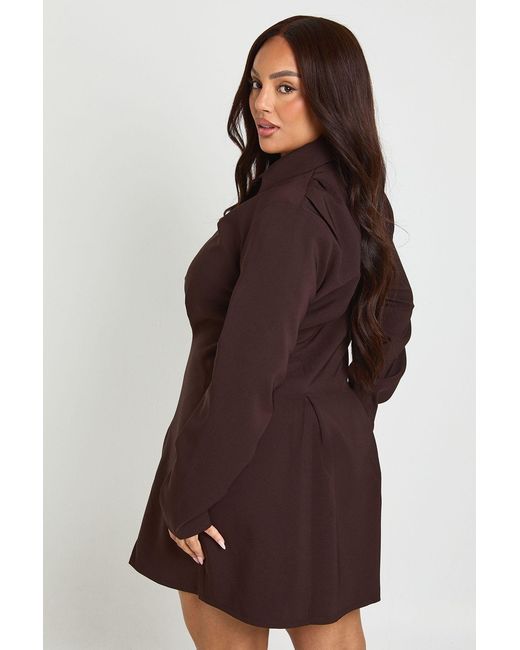 Boohoo Brown Plus Shoulder Pad Pleated Skirt Shirt Dress