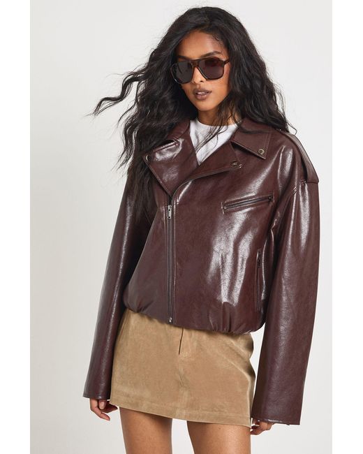 Boohoo Brown Faux Leather Bubble Hem Biker Jacket