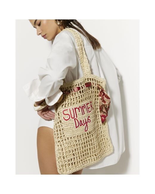River Island Natural Printed Raffia Scarf Shopper Beach Bag
