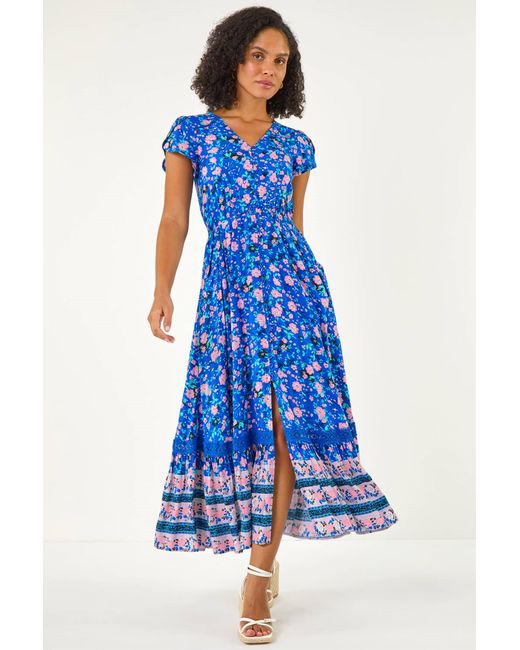 Roman Blue Floral Border Print Midi Dress