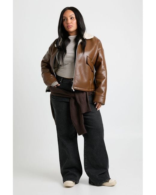 Boohoo Brown Plus Leather Aviator Jacket