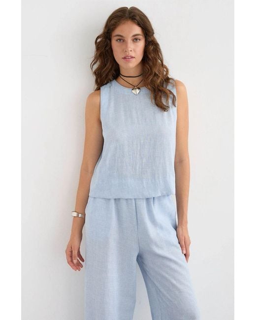 Hiccup Blue Linen Sleeveless Blouse & High Waist Wide Leg Trousers Coord
