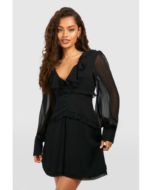 Boohoo Black Chiffon Ruffle Playsuit