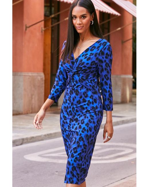 Sosandar Blue Print Knot Front Midi Dress