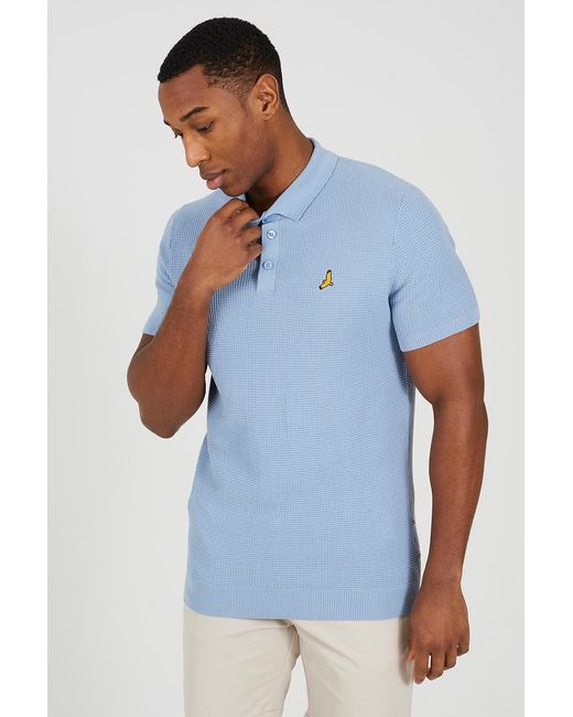 Brave Soul Blue Light Cotton Waffle Knit Embroidered Polo Shirt for men