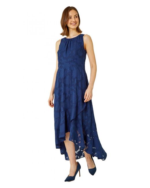 Roman Blue Sleeveless Jacquard Dipped Hem Midi Dress