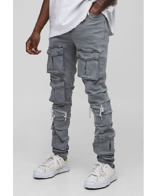 BoohooMAN Gray Tall Ruched Rip & Repair Ice Wash Cargo Skinny Jeans for men