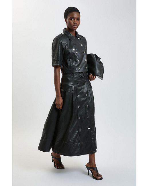 Karen Millen Black Faux Leather Pleated Full Skirt