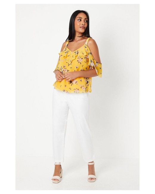 Wallis Yellow Petite Floral Chiffon Ruffle Colds Shoulder Top