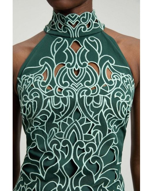 Karen Millen Green Cotton Cutwork Woven Halter Midi Dress