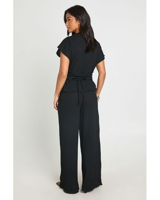 Boohoo Blue Petite Crinkle Tie Back Top Wide Leg Trouser Co Ord
