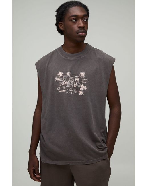 BoohooMAN Gray Washed Oversized Postcard Print Tank Cotton for men