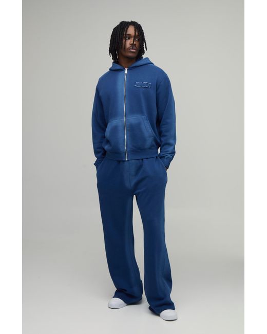 BoohooMAN Blue Tall Boxy Spray Seam Distressed Applique Zip Through Hooded Tracksuit for men