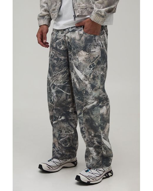 BoohooMAN Gray Washed Camo Barrel Fit Jeans for men