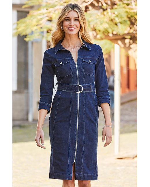 Sosandar Blue Dark Zip Front Belted Denim Dress