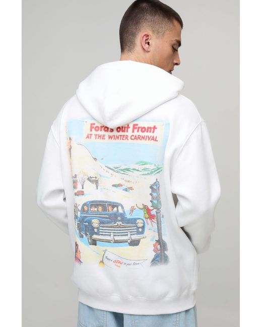 BoohooMAN White Oversized Ford Winter Carnival License Printed Hoodie Cotton for men