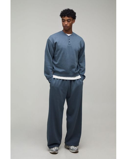 BoohooMAN Blue Overiszed Boxy Henley Sweatshirt And Wide Leg Jogger for men