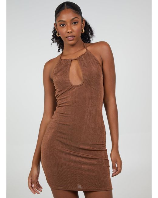 Pink Vanilla Brown Halter Neck Slinky Mini Dress