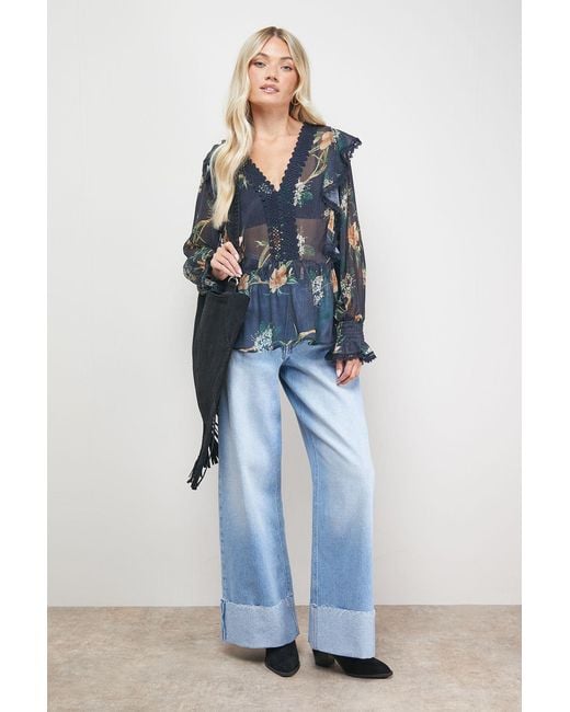 Oasis Blue Printed Frill Detail Sheer Chiffon Blouse