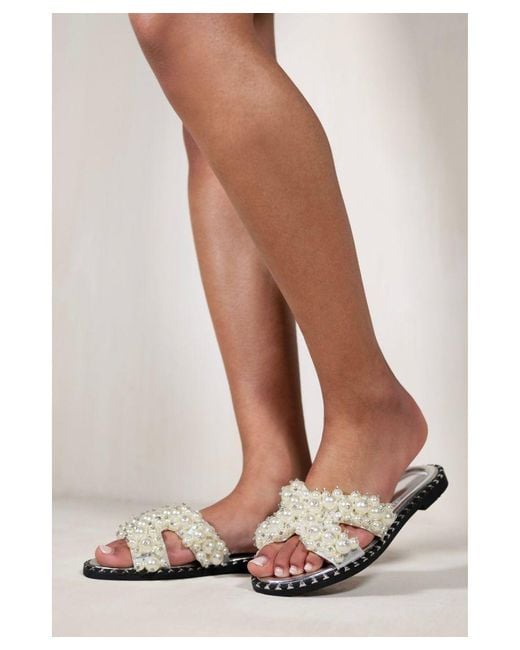 Where's That From White Eve Pearl Embelllished Flat Slider Sandals
