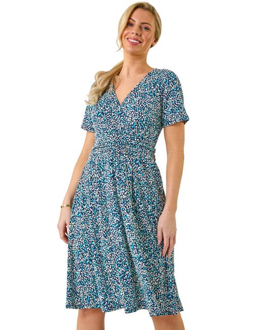 Roman Blue Petite Spot Puff Print Dress