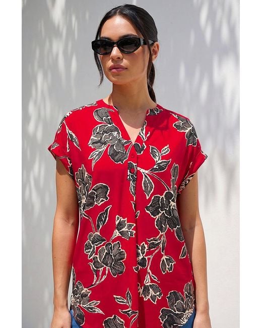 Roman Red Floral Puff Print Stretch Top