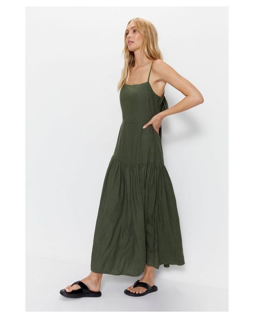 Warehouse Green Linen Tiered Bow Detail Maxi Dress