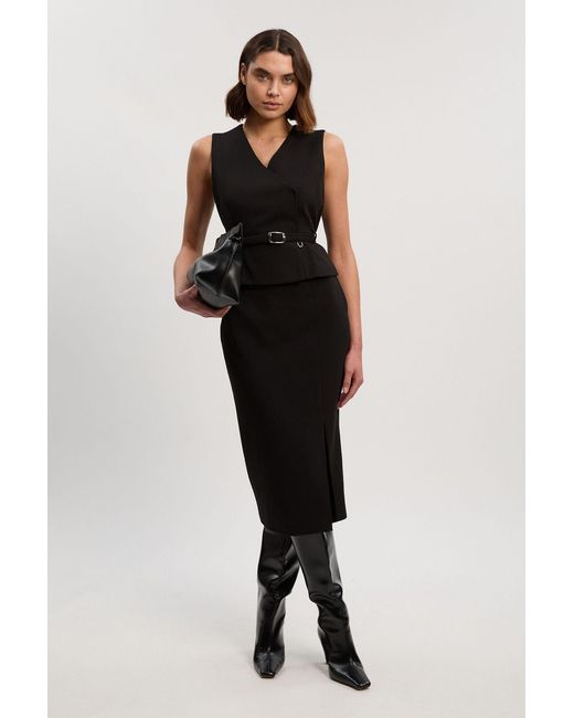 Karen Millen Black Petite Compact Essential Belted Tailored Midi Pencil Dress