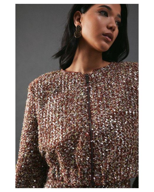 Warehouse Brown Sequin Boucle Cardigan Bomber Jacket