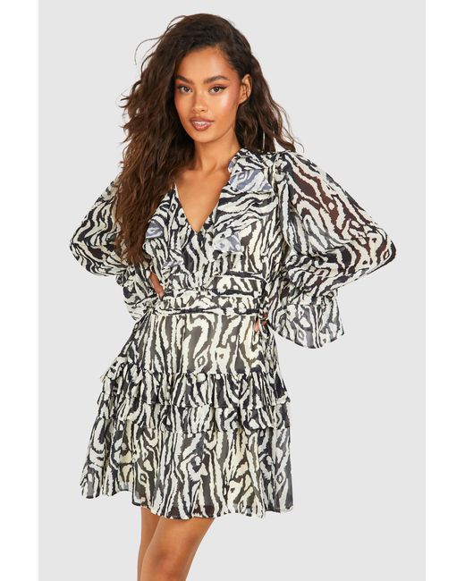 Boohoo Black Animal Print Chiffon Ruffle Smock Dress