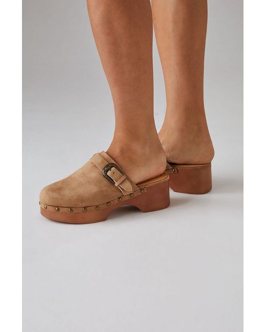 Faith Brown Vivara Faux Suede Western Buckle Closed Toe Clog Mules