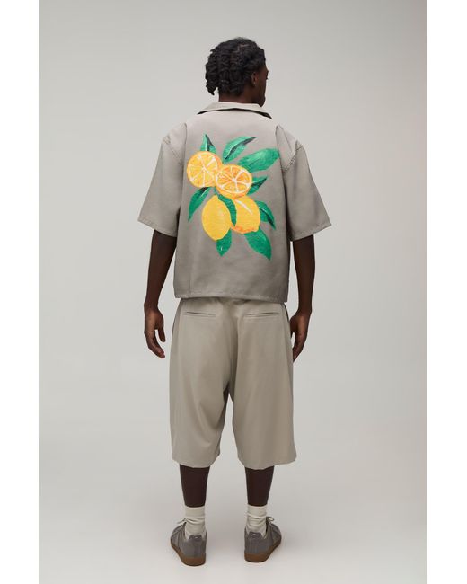 BoohooMAN Gray Oversized Boxy Lemon Back Print Half Sleeve Shirt for men