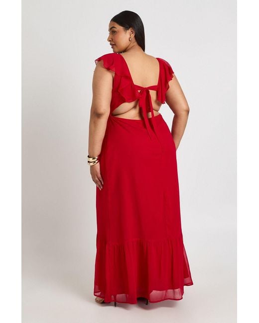 Boohoo Red Plus Chiffon Ruffle Plunge Maxi Dress