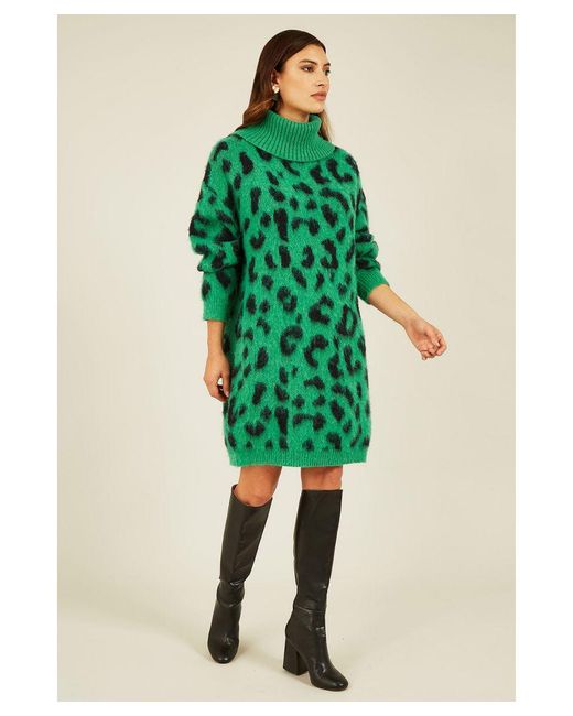 Yumi' Green Animal Roll Neck Knitted Dress
