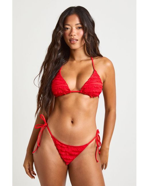 Boohoo Red Ruffle Detail Triangle Bikini Top & Tie Side Bottom Set