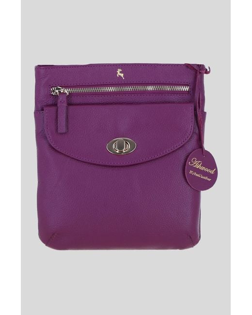 Ashwood Leather Purple Flat Crossbody Bag With Adjustable Strap