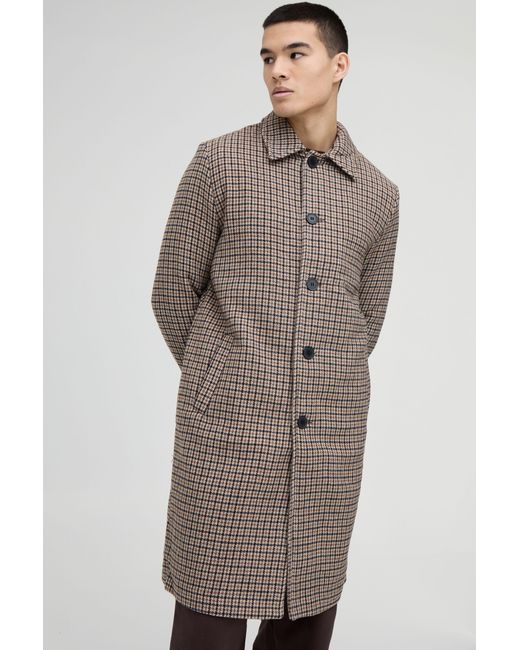 BoohooMAN Brown Plaid Collared Overcoat for men