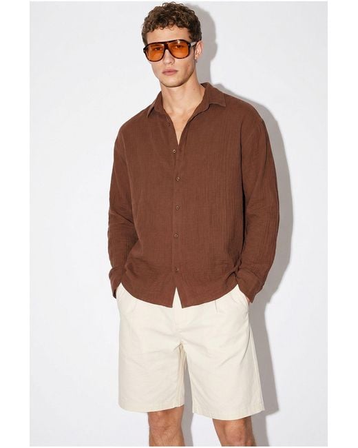Bianco Lucci Brown Oversized Textured Button-Front Shirt