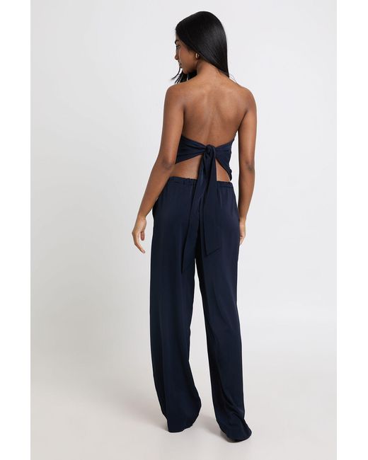 Boohoo Blue Scarf Top And Wide Leg Trouser Co Ord