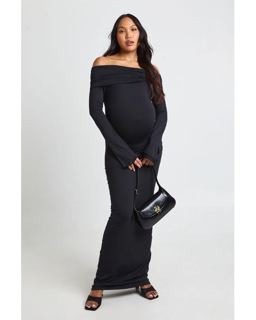 Boohoo Blue Maternity Bardot Ruched Flare Sleeve Maxi Dress