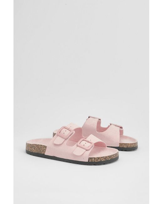 Boohoo Pink Faux Suede Double Buckle Footbed Sliders