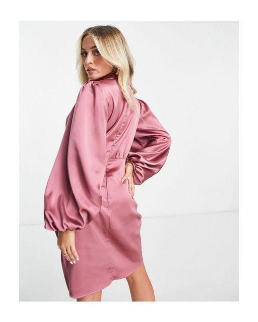Flounce London Pink Petite Satin Balloon Sleeve Wrap Mini Dress