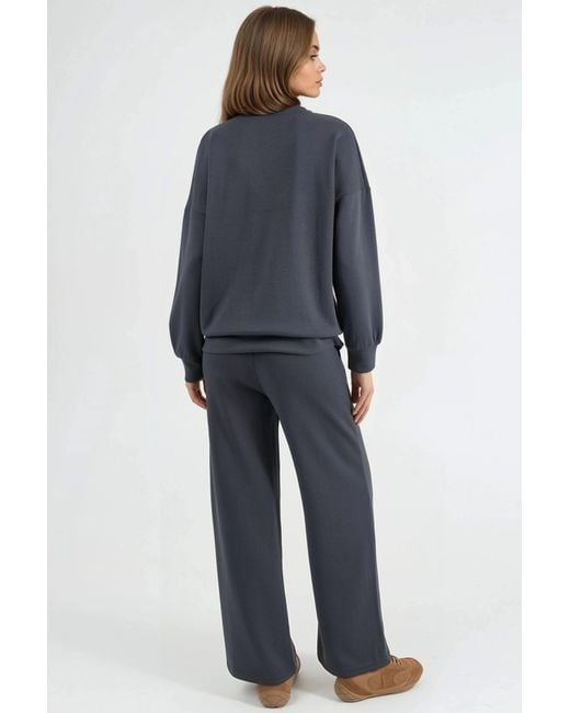 Hiccup Blue Modal Touch Crew Neck Sweatshirt & Wide Leg Pants Two-Piece Set