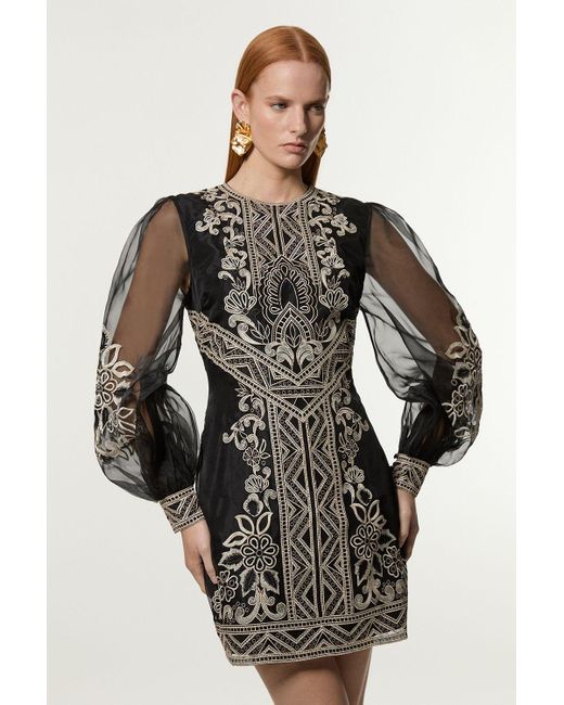 Karen Millen Black Embroidered Organdie Balloon Woven Mini Dress