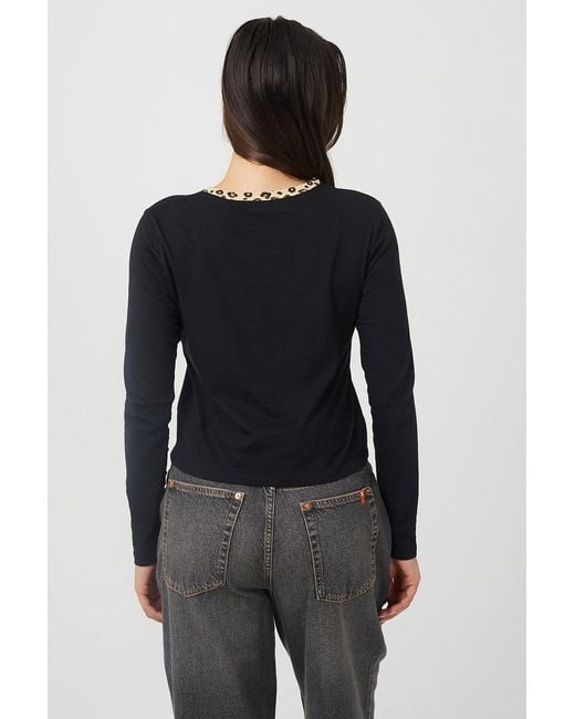 Brave Soul Black Long Sleeve Contrast Print Neck Detail Top