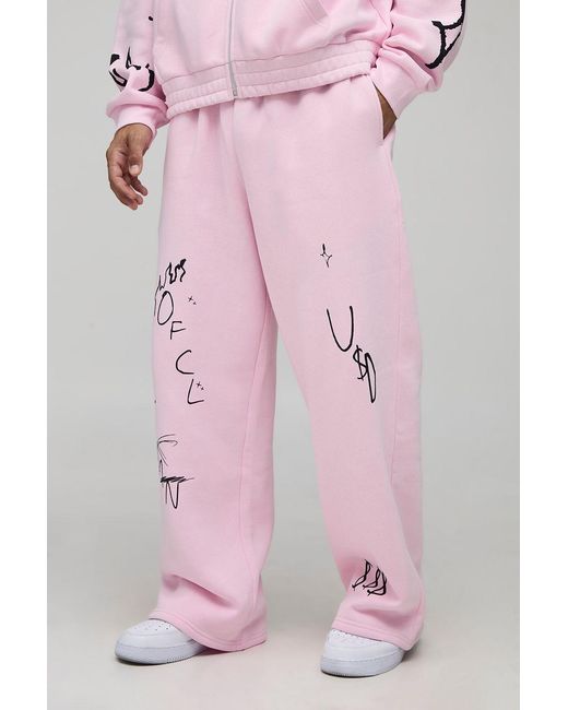 BoohooMAN Pink Wide Leg Graffiti Graphic Jogger for men