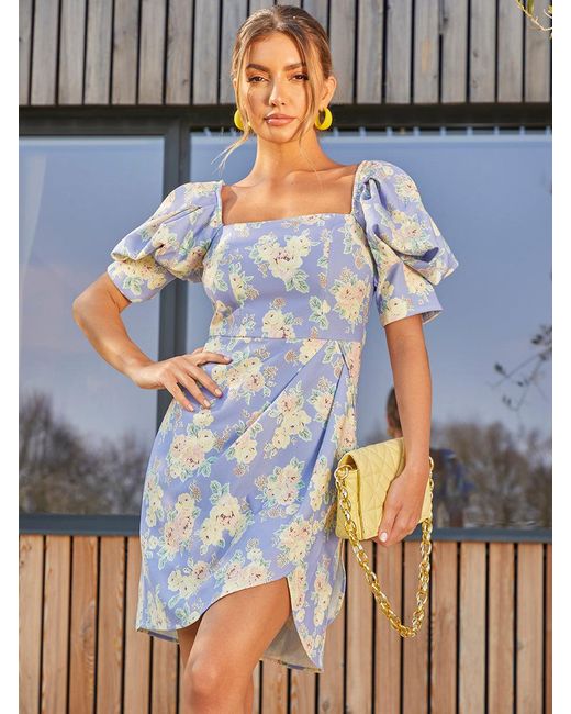 Chi Chi London Blue Floral Printed Ruffle Sleeve Mini Dress